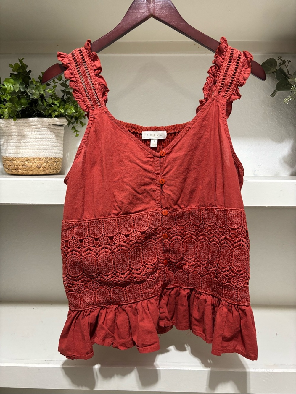 Adiva Crochet-Trim Ruffle Tank Top in Rust
